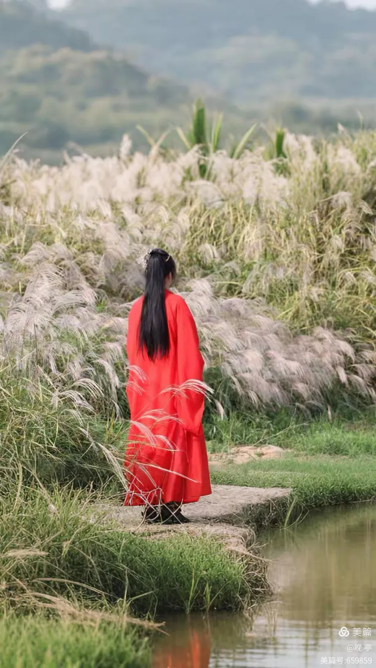 红衣女子背影长,武客英气动山河.马尾辫饰添古韵,手持长剑显英姿